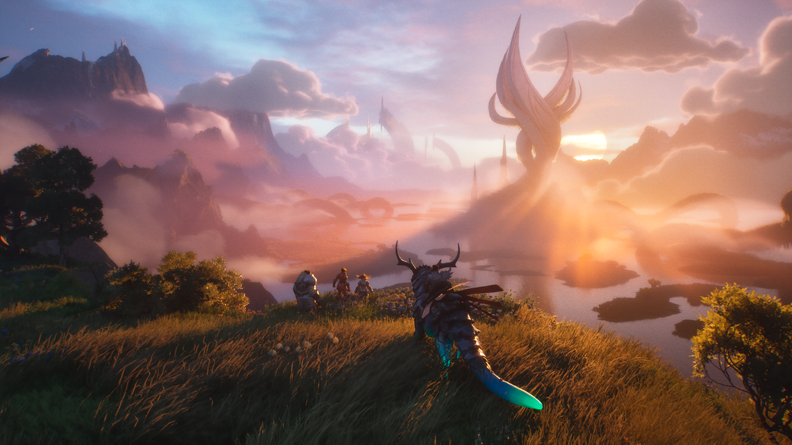 An adventuring party stands on a vista, looking at an expansive horizon.
