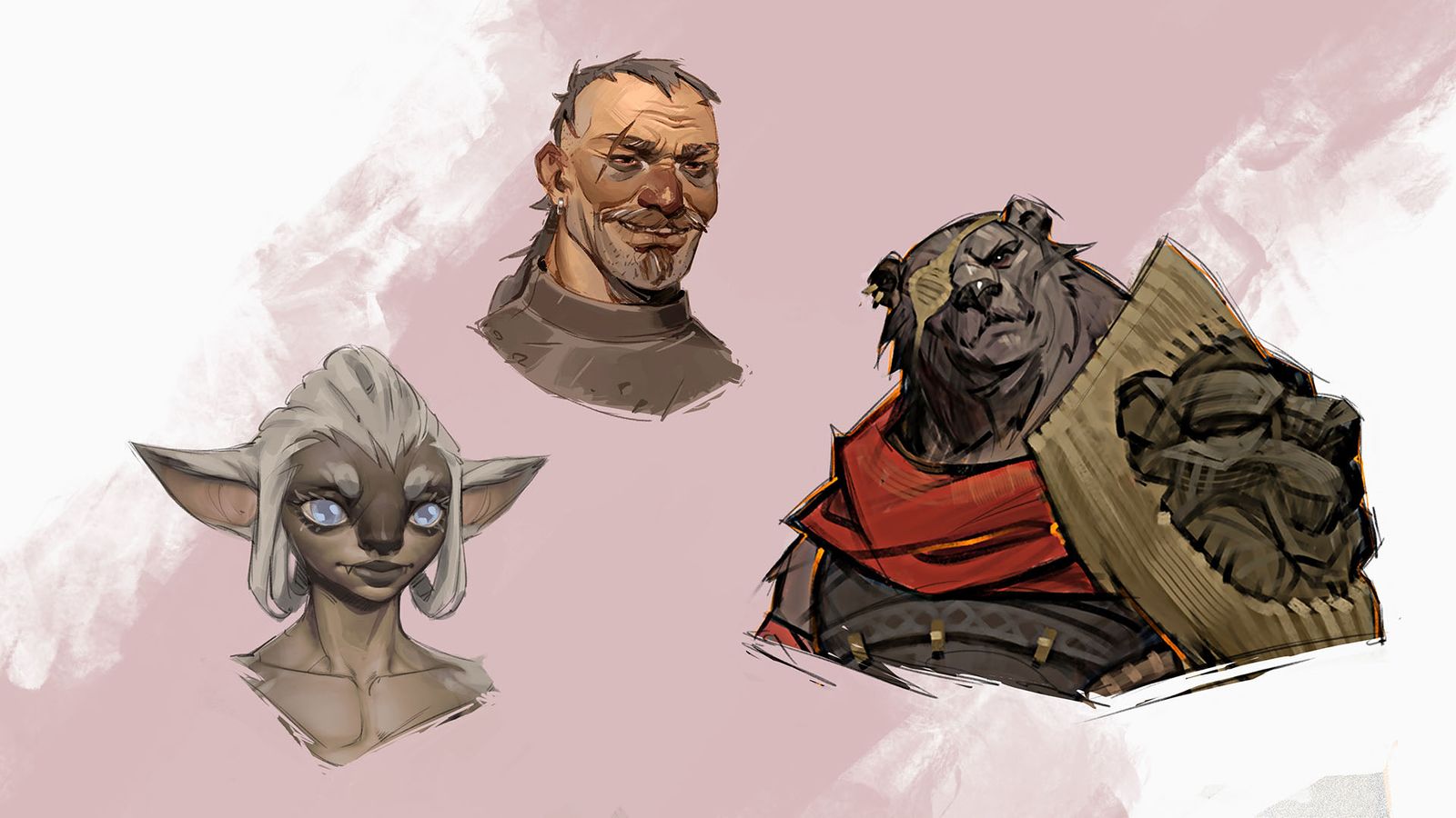 Concept art for the playable species in Guild Wars 3: the human, the asura, and the kodan.