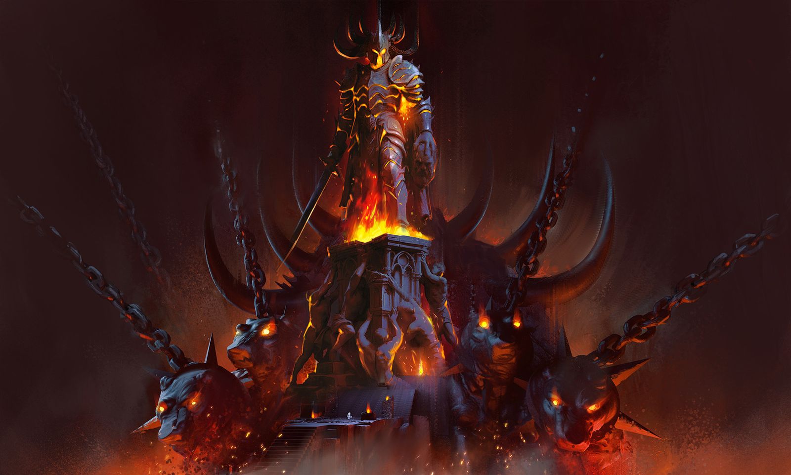 Balthazar in fiery plate armor stands atop a flaming pillar.  He has a sword in one hand and a human head in the other.