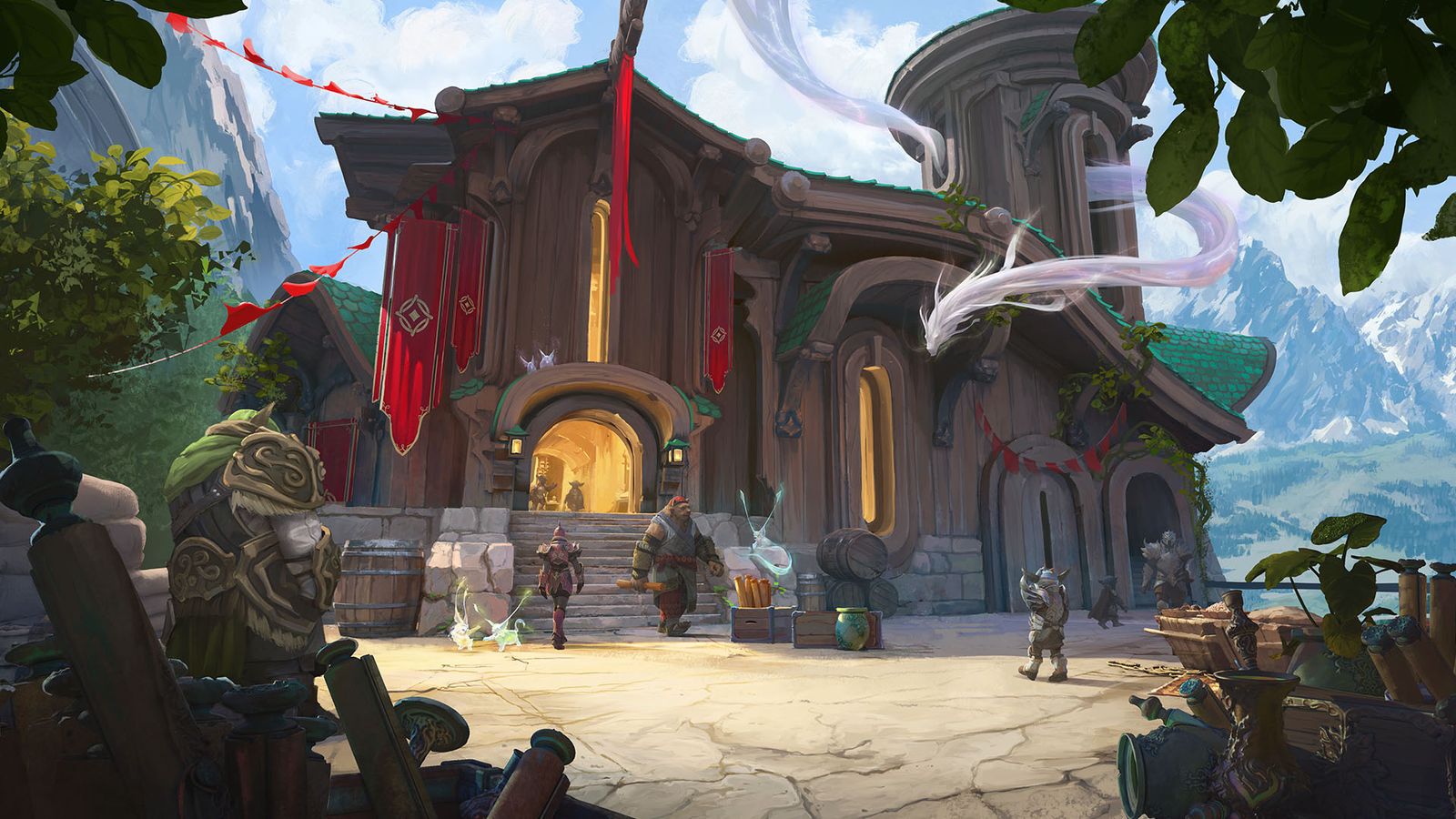 A variety of fantastical beings congregate before a sturdy building with a scenic backdrop.